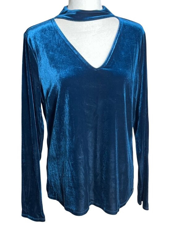 Tahari Tops - Tahari Luxe Blue Velvet Top Choker Mock V-neck Cutout Whimsigoth Glam Party Wm L